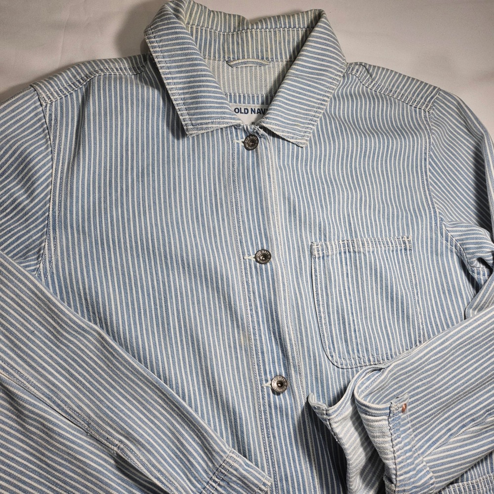 Old Navy Workwear Shack Railroad Stripe Jacket Blue White Cotton Utility Medium